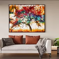 White Multi Seater Sofa With Gray Orange Pillows Throw Blanket And Colorful Tree Painting