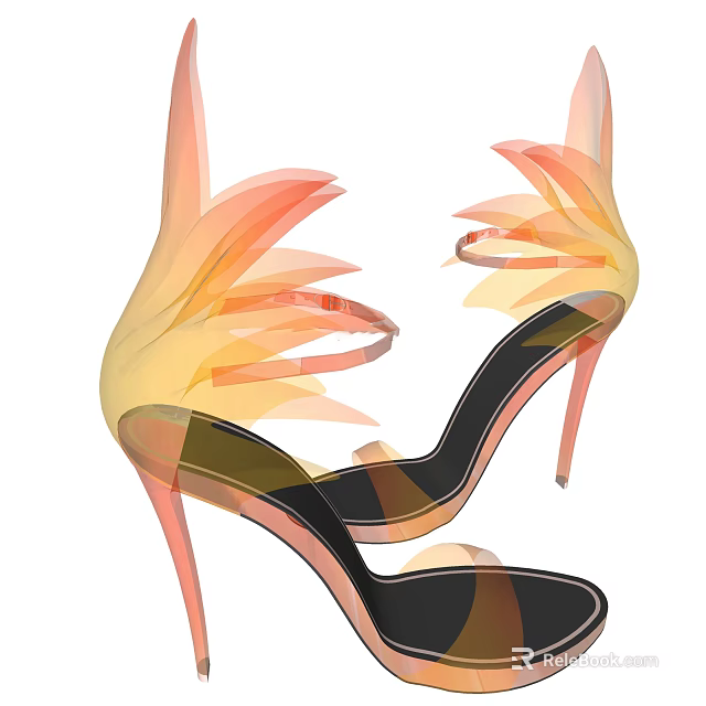 Elegant High Heel Shoes With Feather Decorations And Orange Yellow Gradient Design 3d model 