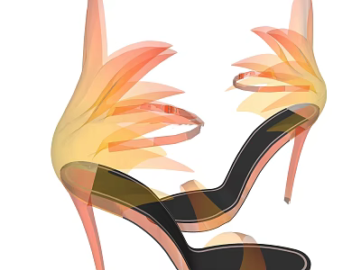 Elegant High Heel Shoes With Feather Decorations And Orange Yellow Gradient Design 3d model