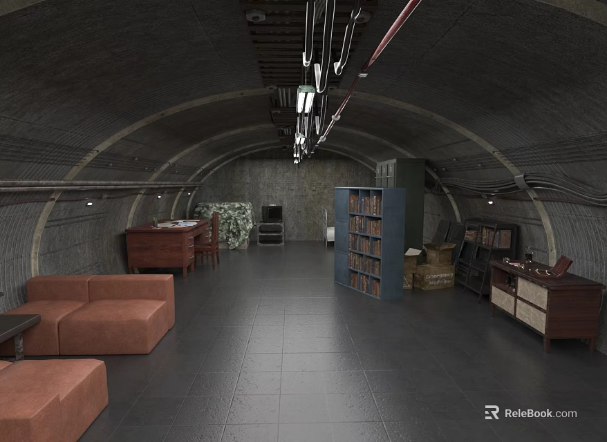 Modern Basement Interior With Sofa Bookshelf Concrete Walls And Lighting Fixtures 3d model 