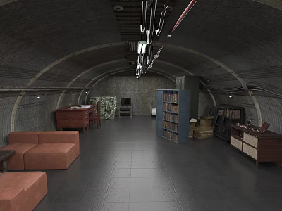 Modern Basement Interior With Sofa Bookshelf Concrete Walls And Lighting Fixtures 3d model