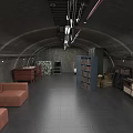Modern Basement Interior With Sofa Bookshelf Concrete Walls And Lighting Fixtures 3d model