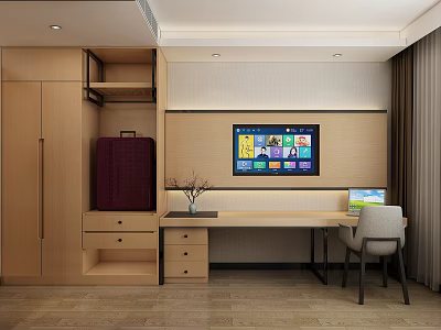 Hotel Room Interior With Wooden Wardrobe Writing Desk Laptop Vase And TV Screen 3d model