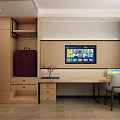 Hotel Room Interior With Wooden Wardrobe Writing Desk Laptop Vase And TV Screen