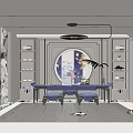Elegant Gray Study Room Interior With Round Decorative Mirror Bookshelves Desk Laptop Chairs Rug Cat