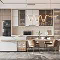 Modern Restaurant Interior With Dining Table Chairs Pendant Lights And Marble Countertop