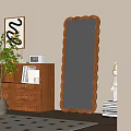 Scalloped Edge Wooden Frame Mirror Reflected Tree And Curtain In Room With Bookshelf And Plants