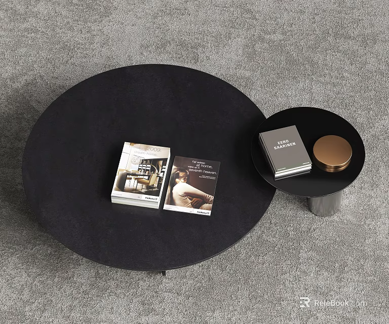Modern Black Round Coffee Table Featuring Books and Side Tray with Metal Accents 3d model 