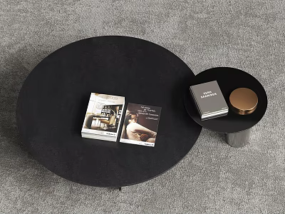 Modern Black Round Coffee Table Featuring Books and Side Tray with Metal Accents 3d model