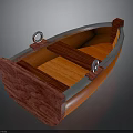 Wooden Small Boat With Red Orange Hull Metal Rings And Wooden Seats