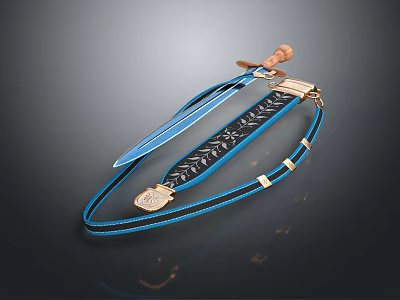 Decorative Sword With Blue Blade And Black Blue Patterned Belt With Golden Accents 3d model