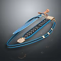 Decorative Sword With Blue Blade And Black Blue Patterned Belt With Golden Accents