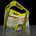 Yellow BOYI Exhibition Booth With Curved Structure And Display Tables Chairs 3d model