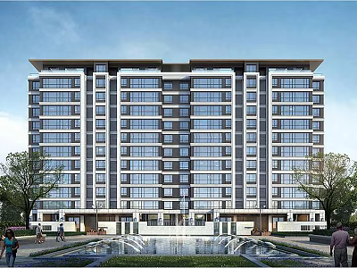 Modern High Rise Apartment Building Exterior With Fountain And Pedestrians 3d model
