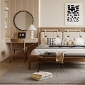 Modern Bedroom Interior With Upholstered Headboard Wooden Bed Textured Rug And Abstract Artwork