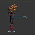 Stylized Game Movie Character With Spread Red Blue Wings Golden Headpiece And Black Armor