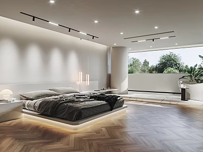 Modern Bedroom Interior Design With Herringbone Wooden Floor Recessed Lighting And Large Window View 3d model