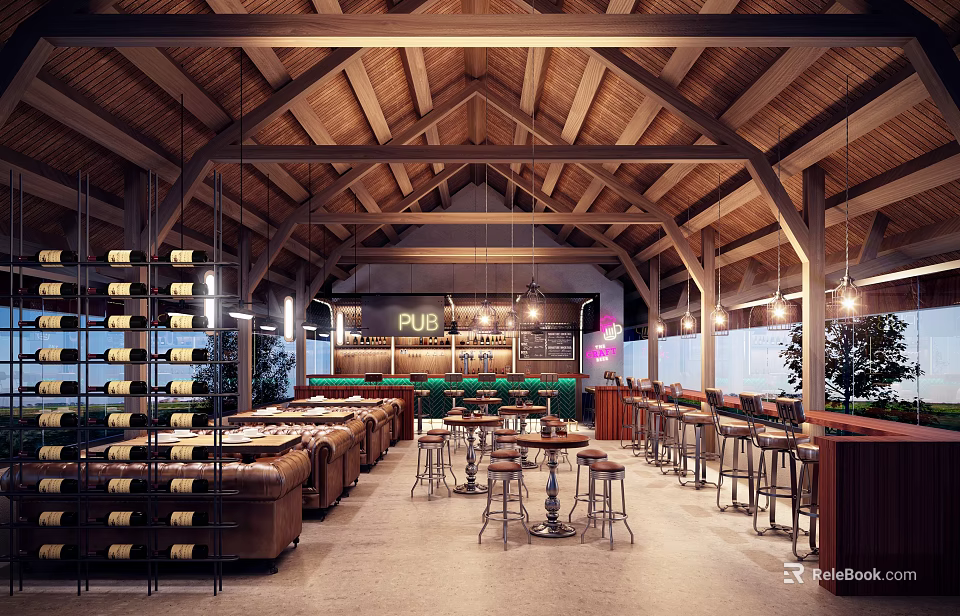 Cozy Pub Interior With Wooden Ceiling Sofas Bar Stools And Wine Racks 3d model 