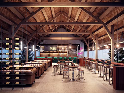 Cozy Pub Interior With Wooden Ceiling Sofas Bar Stools And Wine Racks 3d model