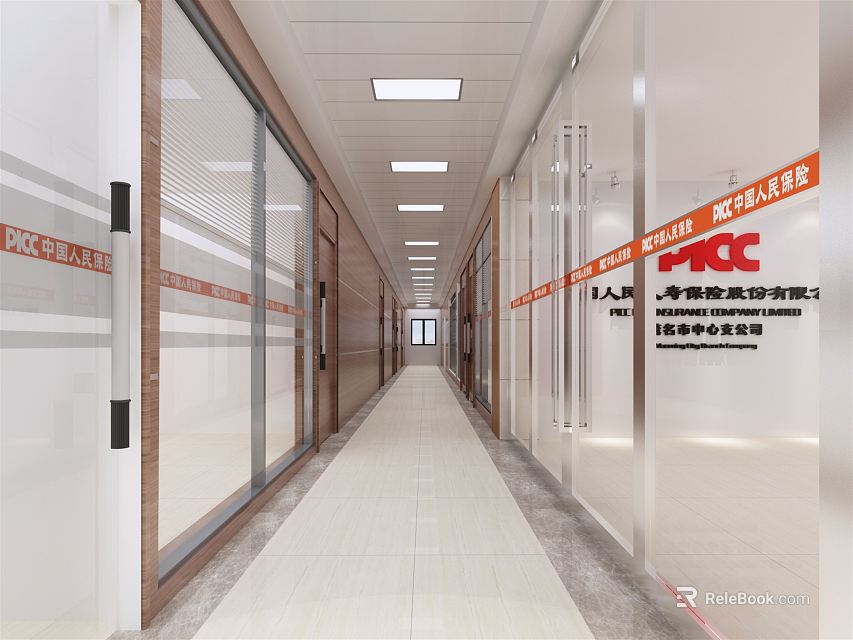 Modern Office Corridor With Glass Doors Ceiling Lights Tile Flooring And Red Signs 3d model 