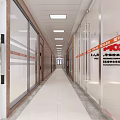 Modern Office Corridor With Glass Doors Ceiling Lights Tile Flooring And Red Signs