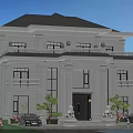 Two Story Classical Detached Villa Exterior With Columns Stone Lions And Green Plants