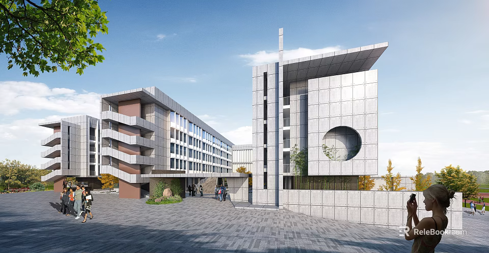 Modern School Building With Multi story Design Circular Window And Open Plaza Entrance With Pedestrians 3d model 