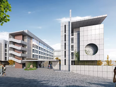 Modern School Building With Multi story Design Circular Window And Open Plaza Entrance With Pedestrians 3d model