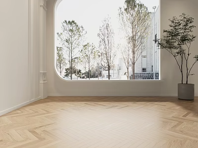Light Wooden Herringbone Flooring In Spacious Room With Large Window And Plants 3d model