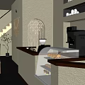Modern Café Interior Design With Wooden Counter Seating Area Pendant Lights And Menu Board