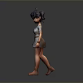 3D Character Girl with Short Black Hair Gray Dress and Brown Belt Standing