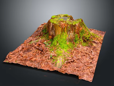 Decorative Wooden Stump Featuring Green Moss and Textured Stone Base 3d model