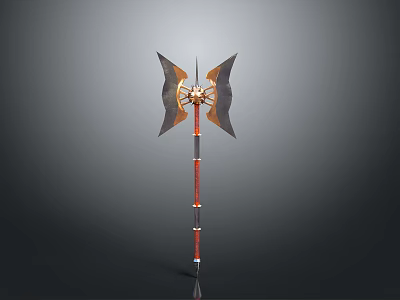 Two Handed Double Bladed Axe With Metal Blades Golden Accents And Red Handle 3d model