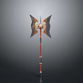 Two Handed Double Bladed Axe With Metal Blades Golden Accents And Red Handle