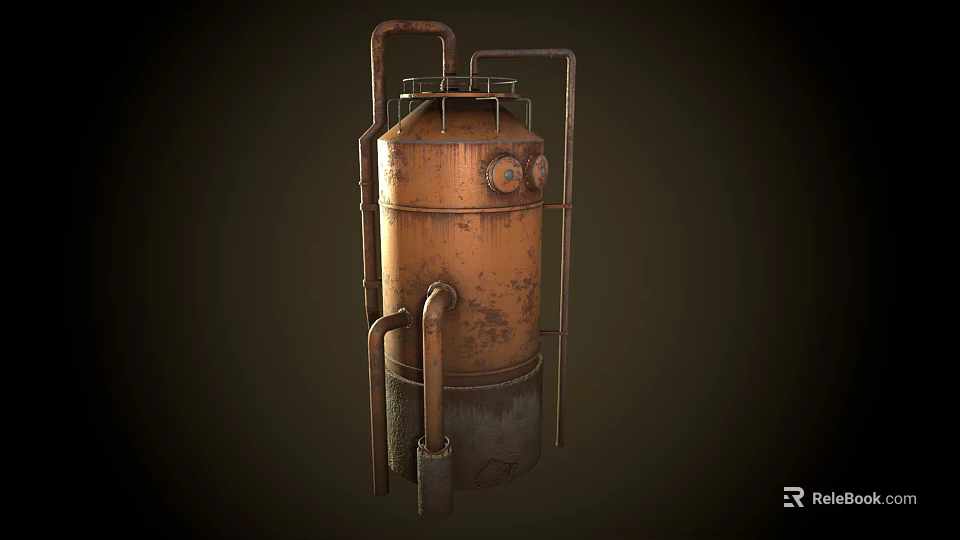 Rustic Aged Copper Industrial Tank With Metal Pipes And Support Frame 3d model 