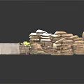 Outdoor Tactical Setup With Stacked Sandbags Herringbone Brick Floor Green Plants And Wooden Crates