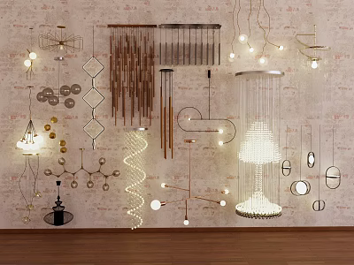 Various Designed Chandeliers Including Geometric Spiral Spherical Metal Hanging On Textured Wall With Wooden Floor 3d model