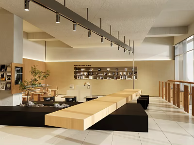 Modern Cafe Interior With Long Wooden Bench Black Seating And Hanging Lights 3d model