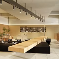 Modern Cafe Interior With Long Wooden Bench Black Seating And Hanging Lights