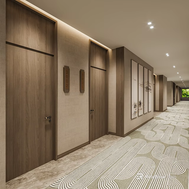 Modern Hotel Lobby Corridor With Wooden Doors Beige Walls Recessed Lighting And Geometric Pattern Carpet 3d model 