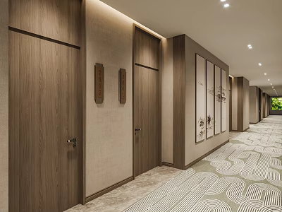 Modern Hotel Lobby Corridor With Wooden Doors Beige Walls Recessed Lighting And Geometric Pattern Carpet 3d model