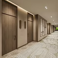 Modern Hotel Lobby Corridor With Wooden Doors Beige Walls Recessed Lighting And Geometric Pattern Carpet