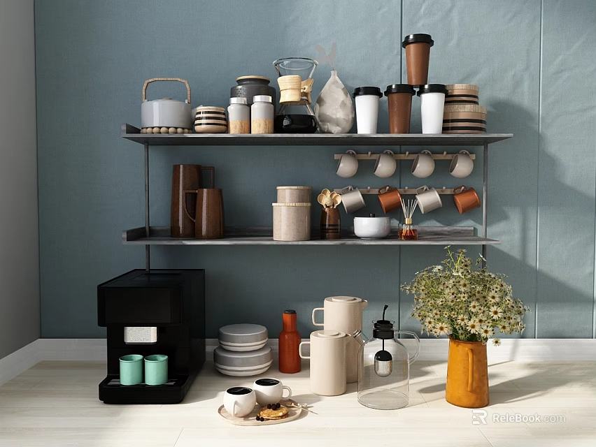 Stylish Kitchenware Display On Shelves With Coffee Machine Plates Mugs And Flowers Against Blue Wall 3d model 