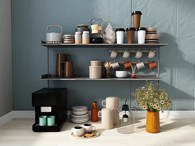 Stylish Kitchenware Display On Shelves With Coffee Machine Plates Mugs And Flowers Against Blue Wall 3d model