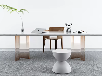 Modern Home Office Desk With Metal Legs Laptop Green Plant And Chair 3d model