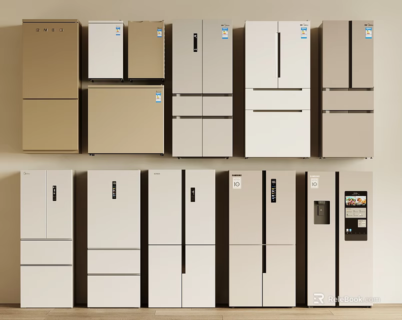 Various Styles Of Refrigerators And Freezers With Different Colors On 3d model 