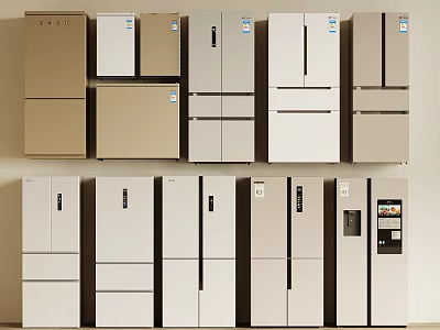 Various Styles Of Refrigerators And Freezers With Different Colors On 3d model