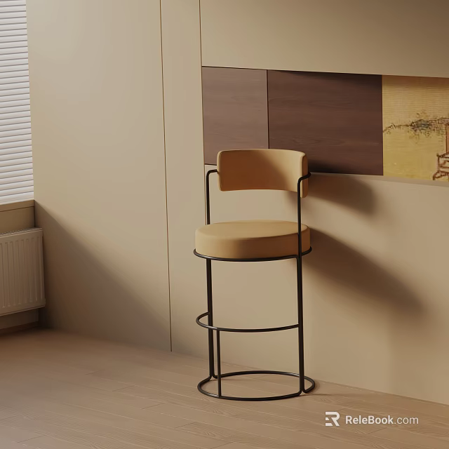 Beige Upholstered Bar Stool With Black Metal Frame Against Light Beige Wall And Wooden Panel 3d model 