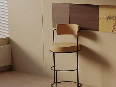 Beige Upholstered Bar Stool With Black Metal Frame Against Light Beige Wall And Wooden Panel 3d model