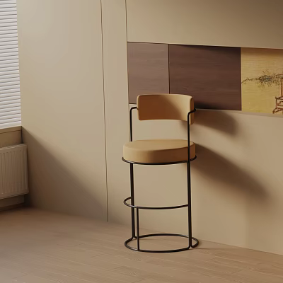 Beige Upholstered Bar Stool With Black Metal Frame Against Light Beige Wall And Wooden Panel 3d model